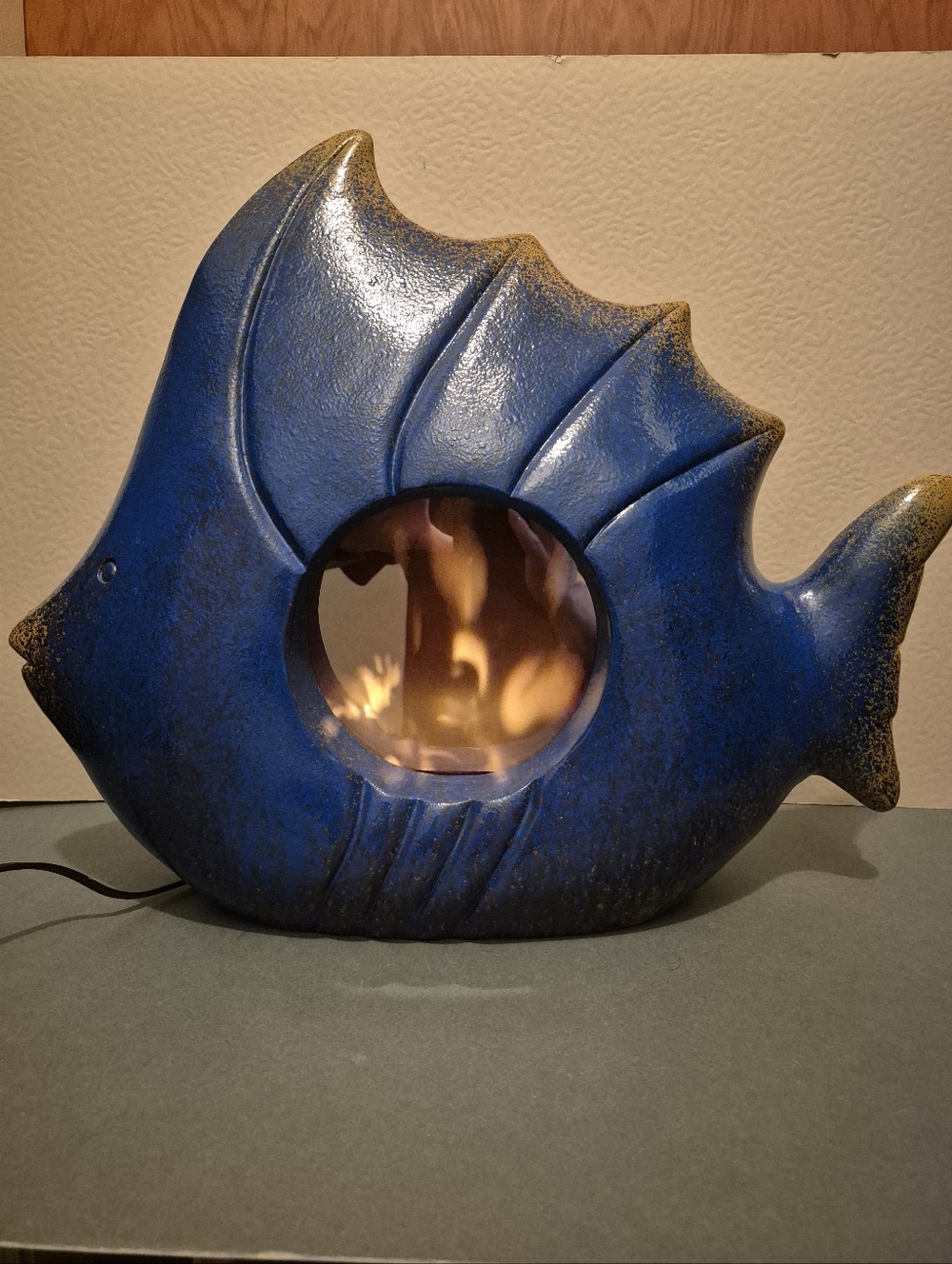 Large Blue Fish Table Accent with Central Flame Window/Mirror - Rare Unique Item